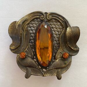 Antique Brass Base Faceted Citrine Brooch Pin